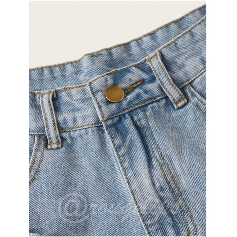 Light Wash Blue Denim Shorts Distressed Ripped High Waist Raw Hem - Picture 10 of 15